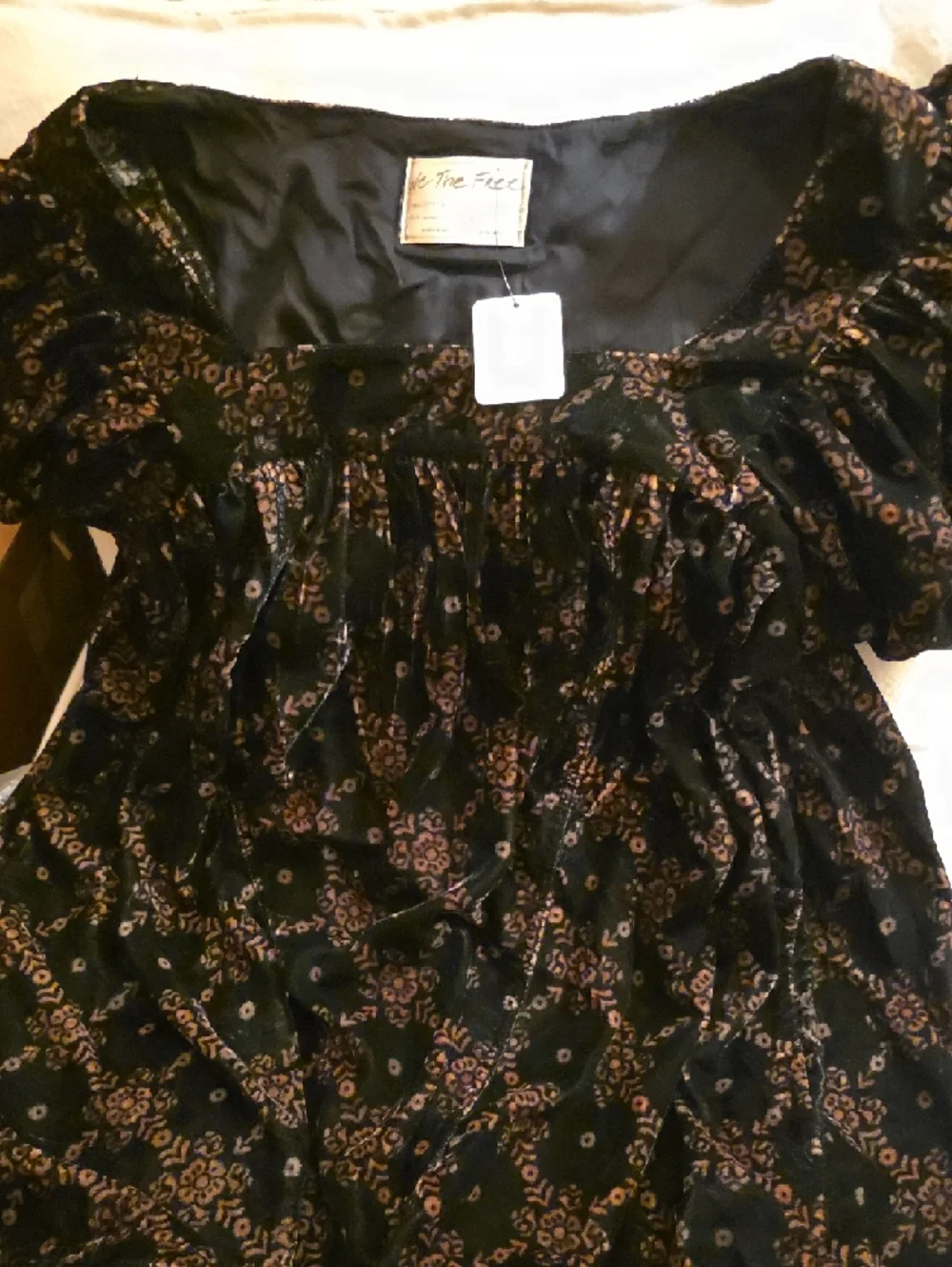 FP Velvet Short Sleeve Square Neck Mini Dress - Black with Metallic Print - Picture 15 of 16